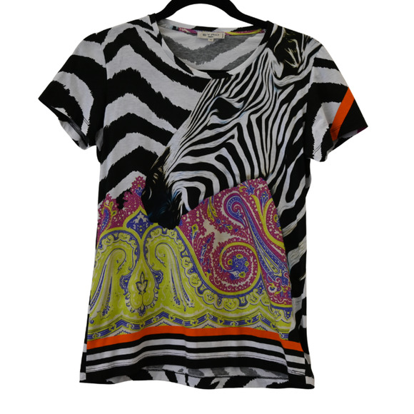 Etro Milano T-Shirt Size 40 US 4 Multi Zebra Paisley Short Sleeve Graphic Tee - Picture 1 of 6